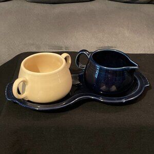 VTG 1986 Fiestaware Sunflower Yellow Open Sugar Bowl-Cobalt Blue Creamer & Tray